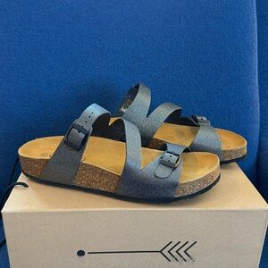Plakton Cora sandals 42/11 Metallic Black Cork New W/Out Box Gunmetal Buckles